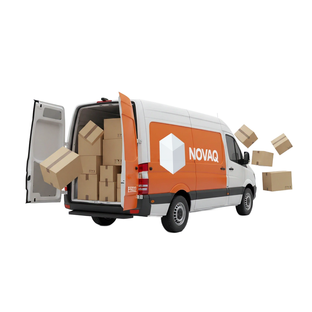 Furgón de reparto NOVAQ con paquetes, puertas traseras abiertas